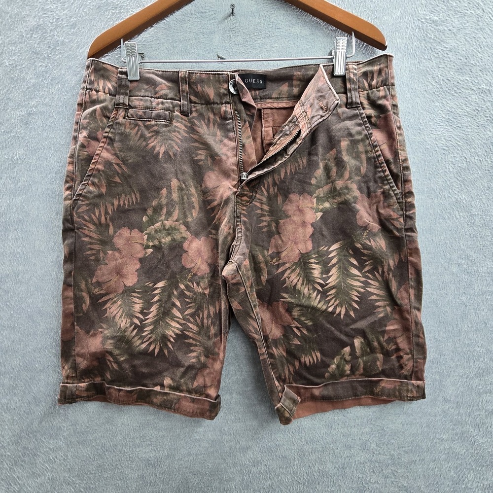 Guess Men Shorts 32 Brown Floral Bermuda Twill Classic 9" Inseam Logo